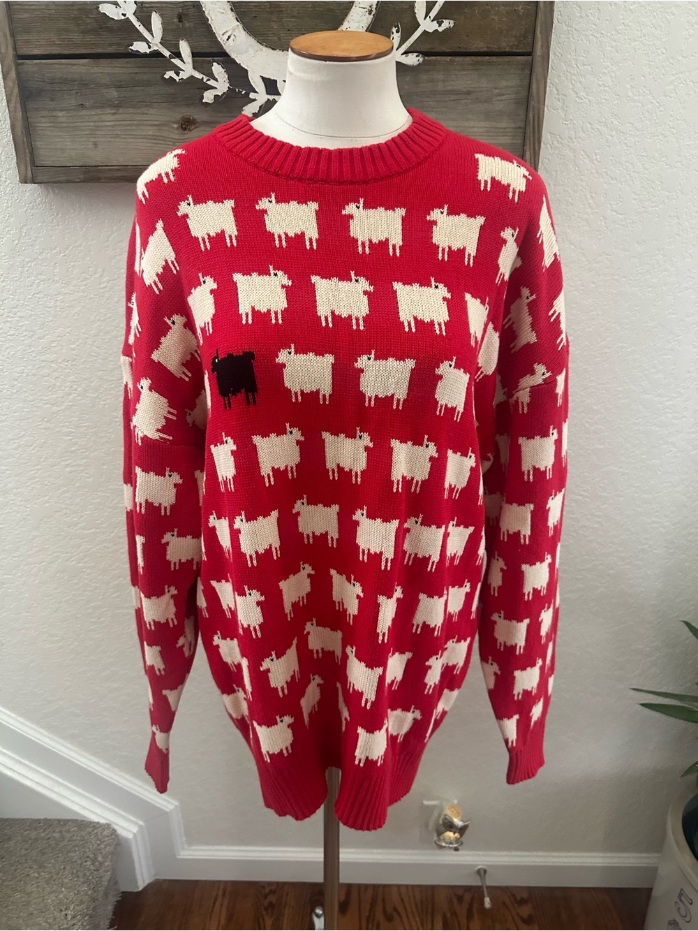 Warm & Wonderful London Red Sheep-Pattern Crewneck Sweater Princess Diana L NWT